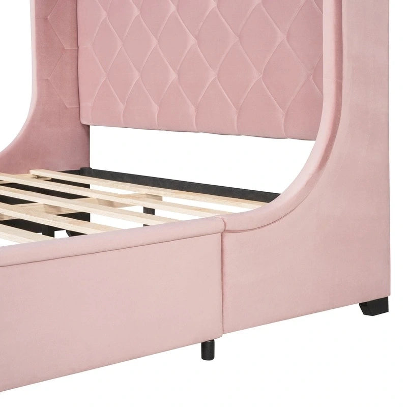 Letto a piattaforma matrimoniale queen size con testiera ad ali e un cassetto grande