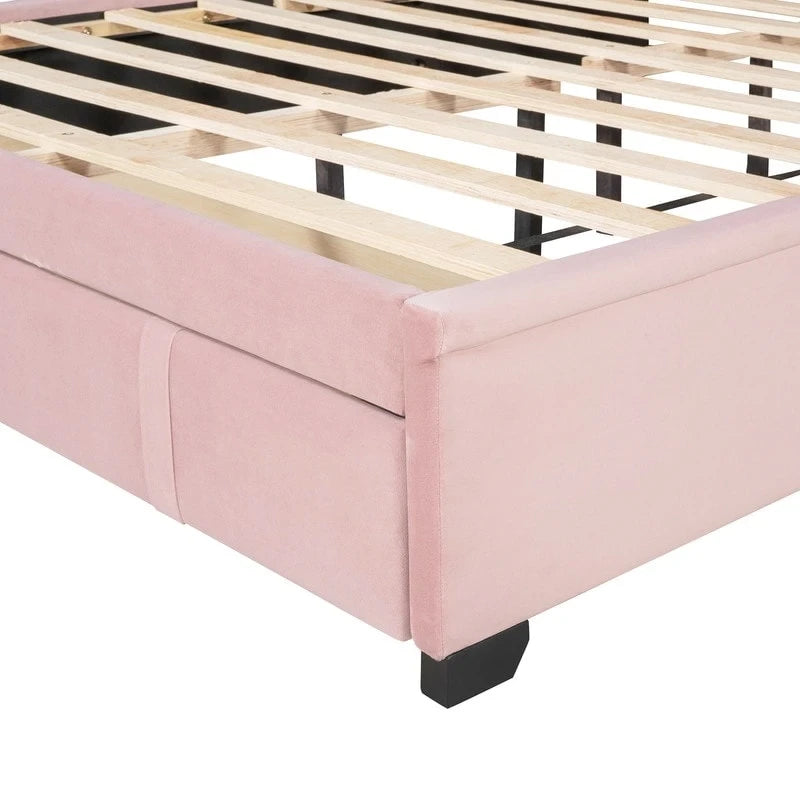 Letto a piattaforma matrimoniale queen size con testiera ad ali e un cassetto grande