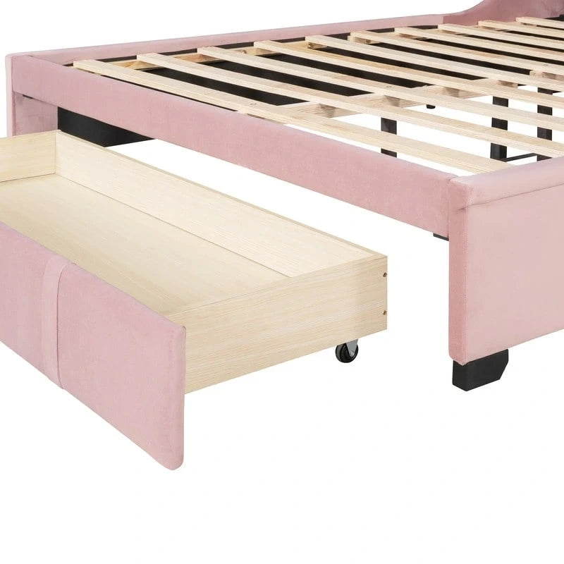 Letto a piattaforma matrimoniale queen size con testiera ad ali e un cassetto grande
