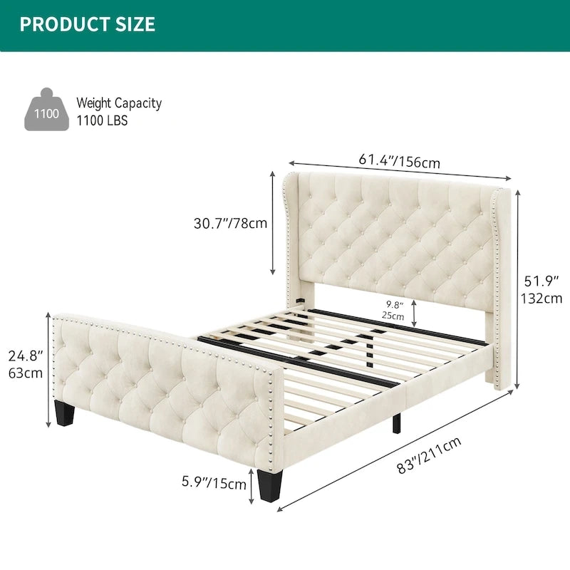 Queen Adjustable Upholstered Headboard Platform Bed Wingback Bed Frame