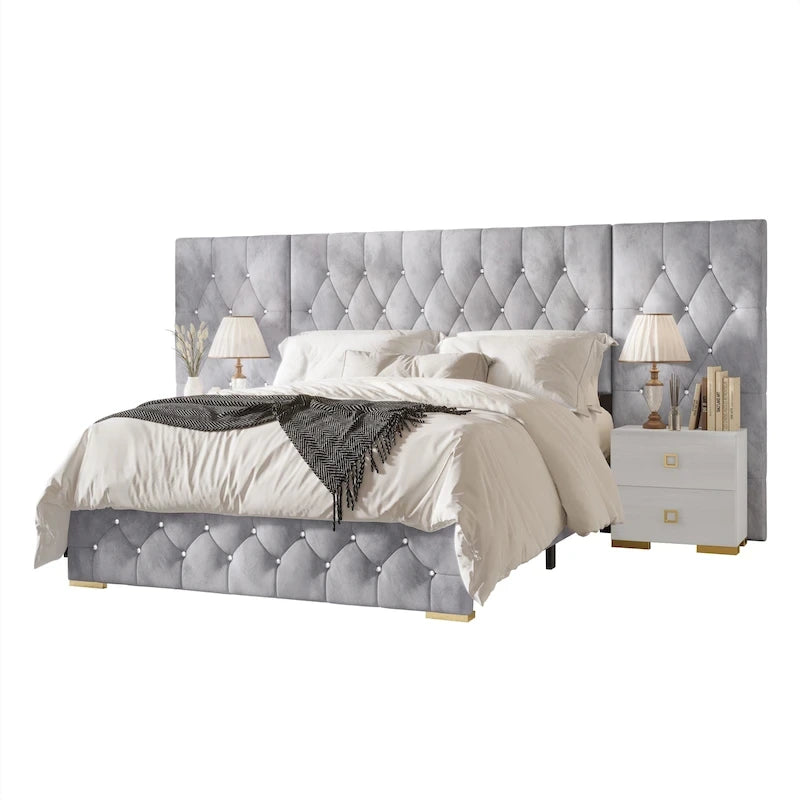 Luxurious Velvet Tufted Platform Bed with Wall Panels
