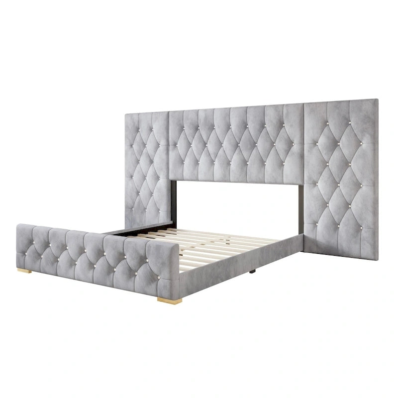 Luxurious Velvet Tufted Platform Bed with Wall Panels
