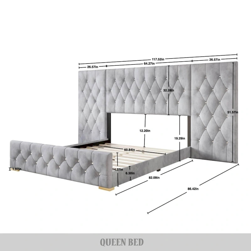 Luxurious Velvet Tufted Platform Bed with Wall Panels