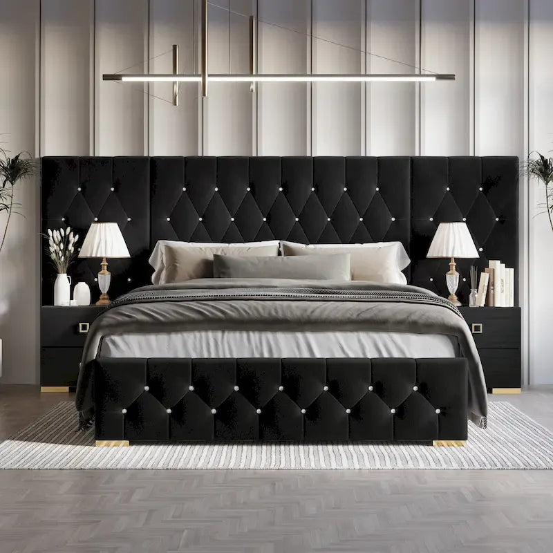 Luxurious Velvet Tufted Platform Bed with Wall Panels