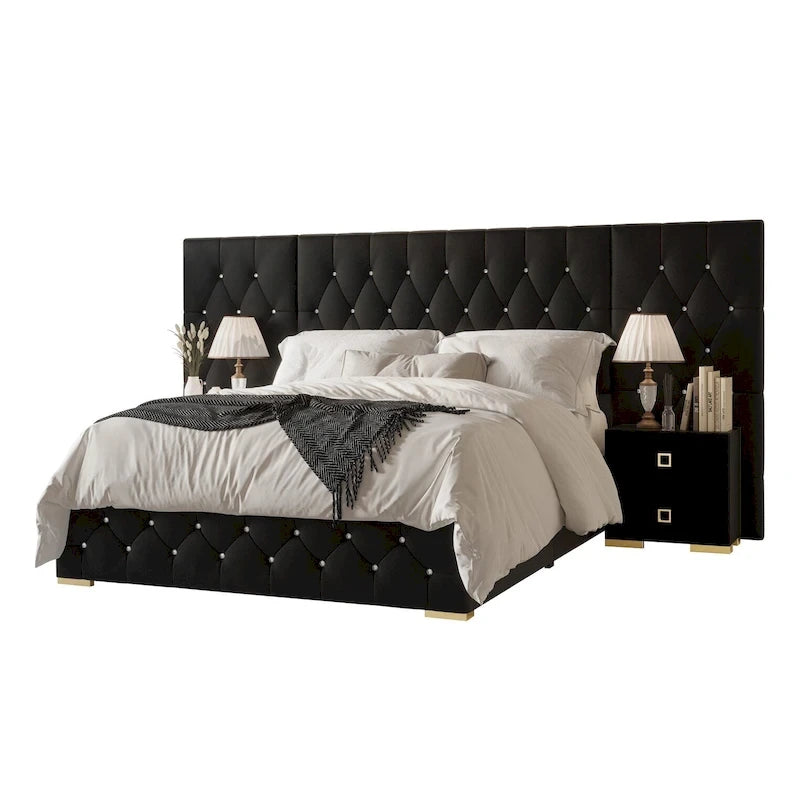 Luxurious Velvet Tufted Platform Bed with Wall Panels