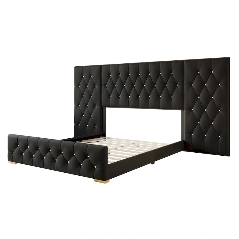Luxurious Velvet Tufted Platform Bed with Wall Panels