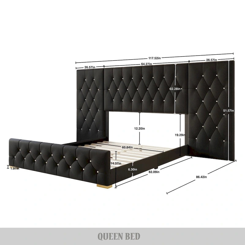 Luxurious Velvet Tufted Platform Bed with Wall Panels