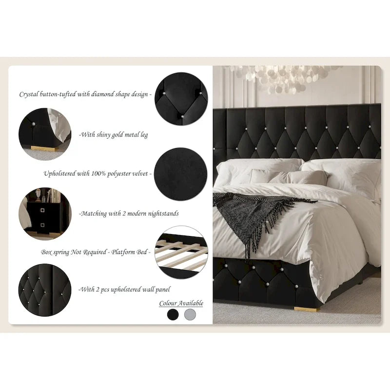 Luxurious Velvet Tufted Platform Bed with Wall Panels