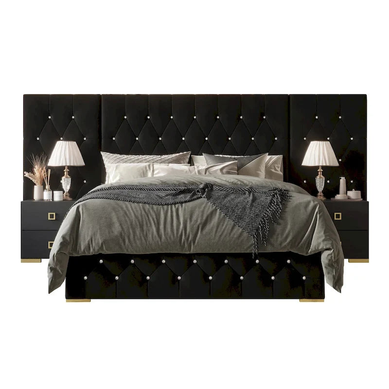 Luxurious Velvet Tufted Platform Bed with Wall Panels