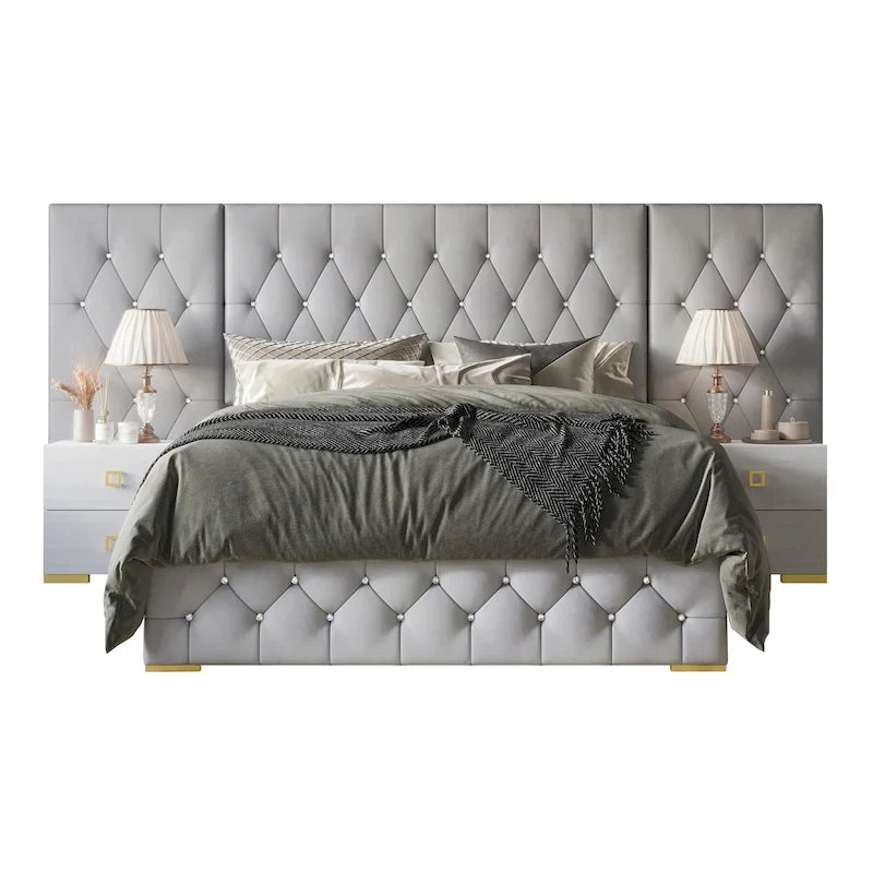 Luxurious Velvet Tufted Platform Bed with Wall Panels