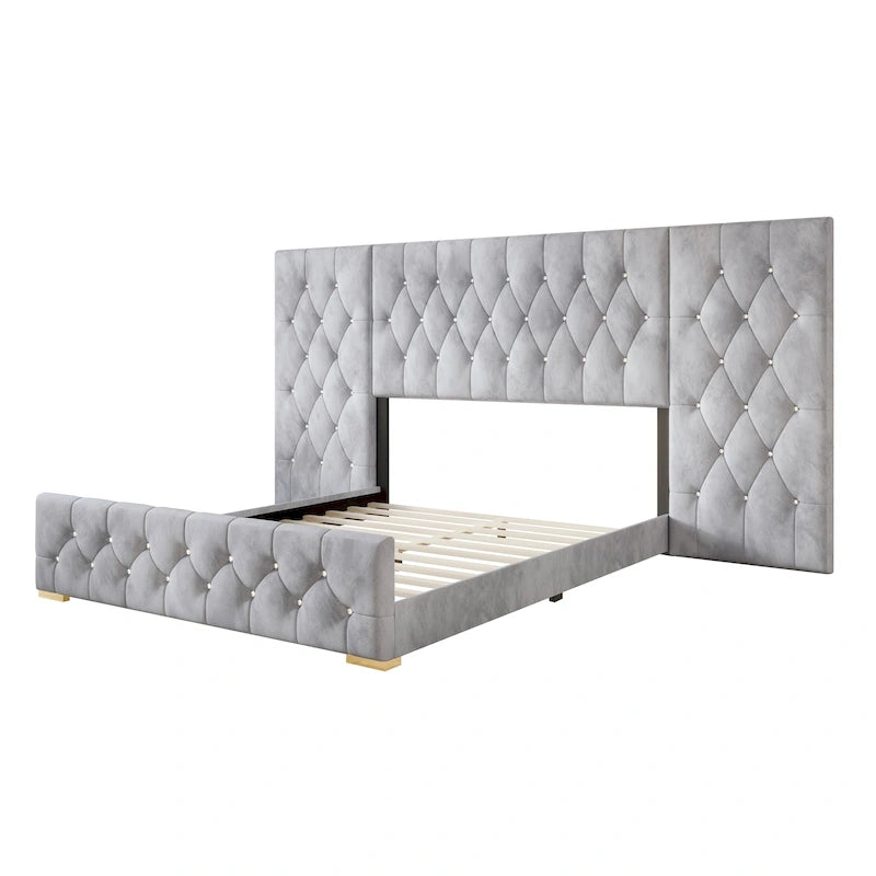 Luxurious Velvet Tufted Platform Bed with Wall Panels