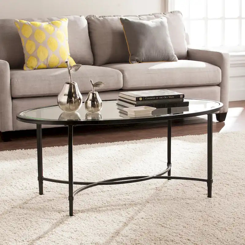 SEI Furniture Quaker Matte Black Metal Oval Coffee Table with Glass Top