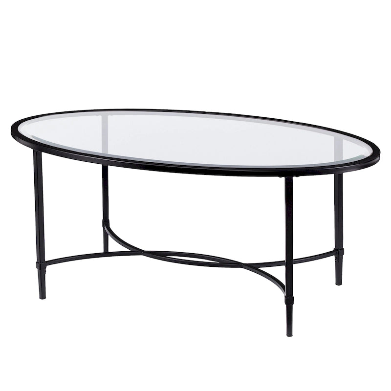 Matte Black Metal Oval Coffee Table with Glass Top