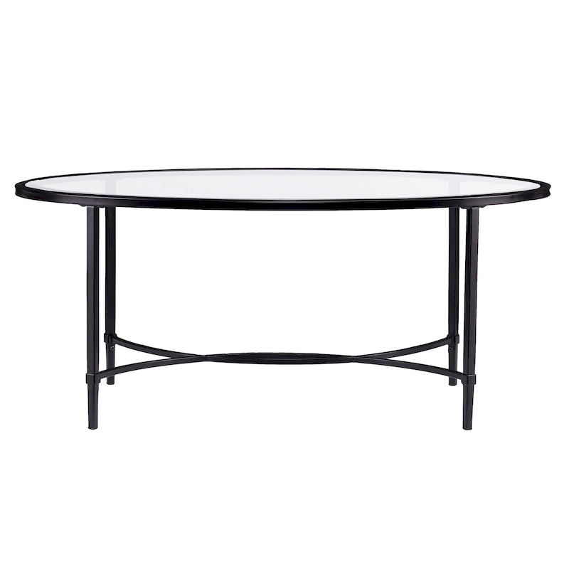 Matte Black Metal Oval Coffee Table with Glass Top