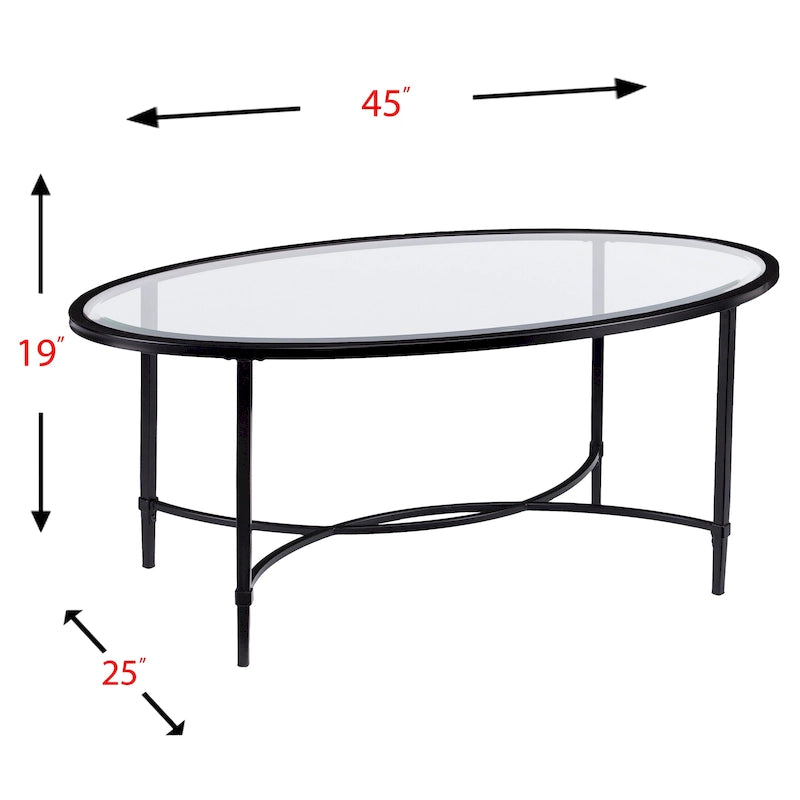 Matte Black Metal Oval Coffee Table with Glass Top