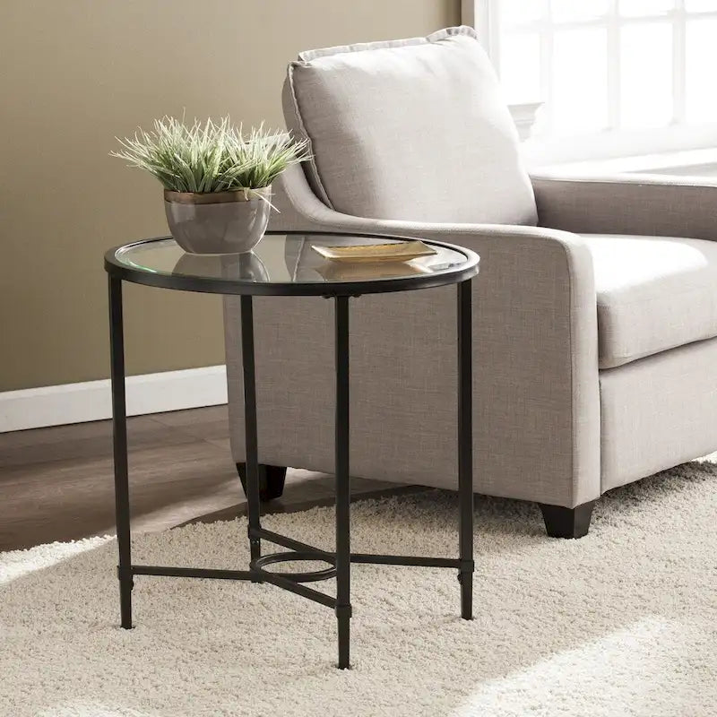 SEI Furniture Quaker Metal Scrollwork Oval Side Table with Beveled Tempered Glass