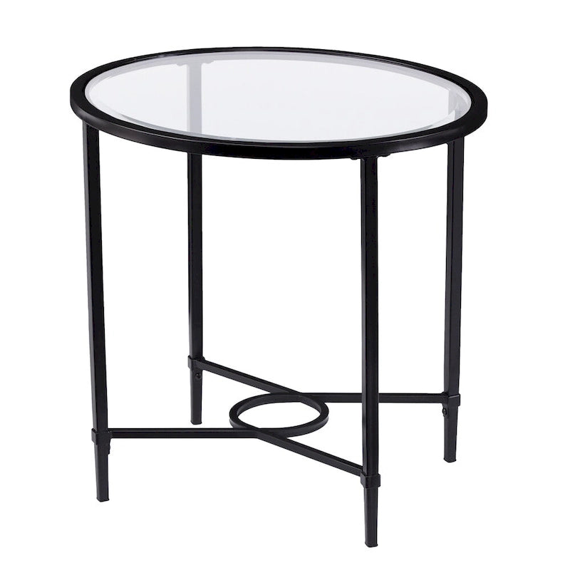 Table d’appoint ovale en métal travaillé avec verre trempé biseauté
