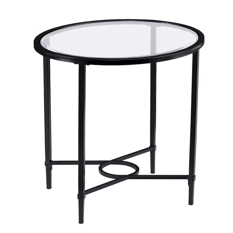 Table d’appoint ovale en métal travaillé avec verre trempé biseauté