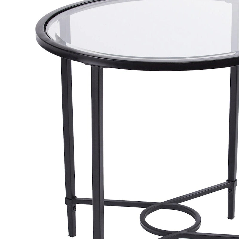 Table d’appoint ovale en métal travaillé avec verre trempé biseauté