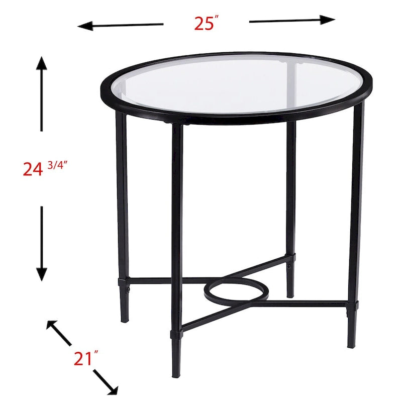 Table d’appoint ovale en métal travaillé avec verre trempé biseauté