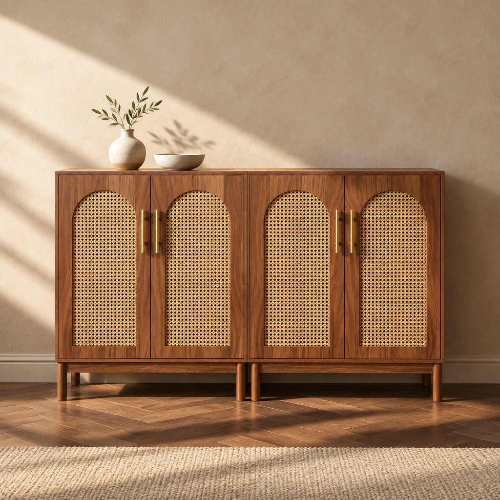 Set of 2 Rattan Sideboard, 59 Inch Buffet Cabinet with Doors, Accent Cabinet