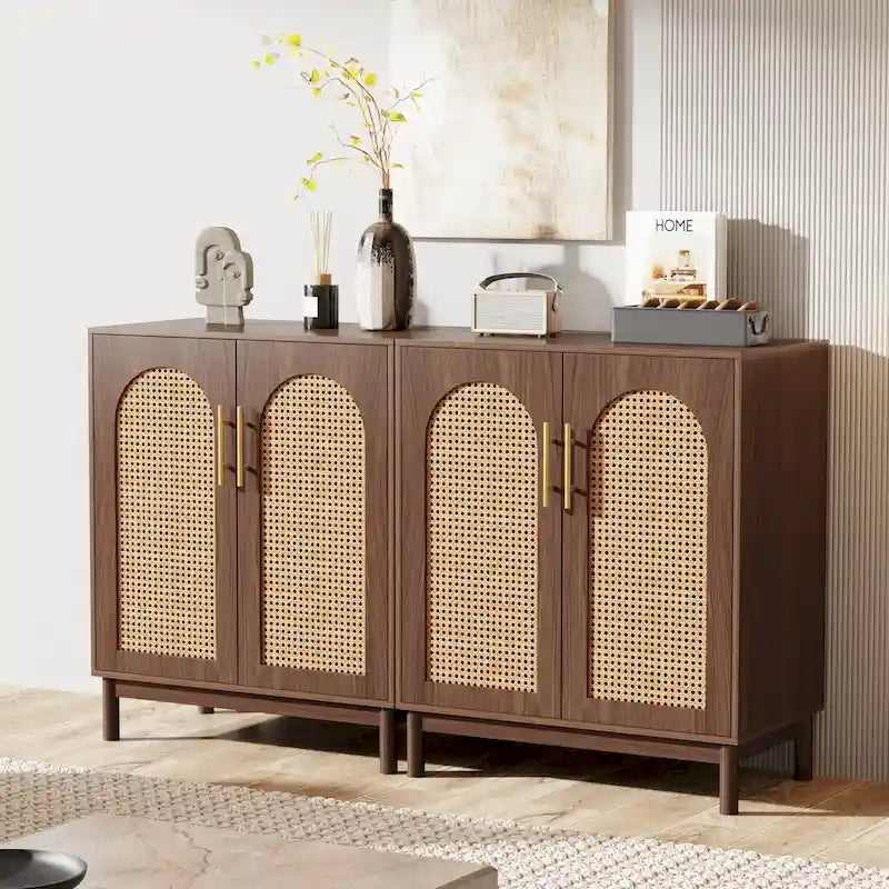 Set of 2 Rattan Sideboard, 59 Inch Buffet Cabinet with Doors, Accent Cabinet