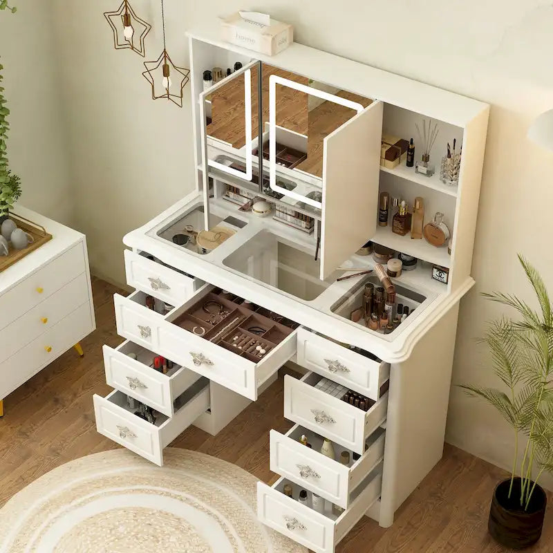 43.3W Makeup Vanity White Vanity Desk with Hidden Storage Shelves