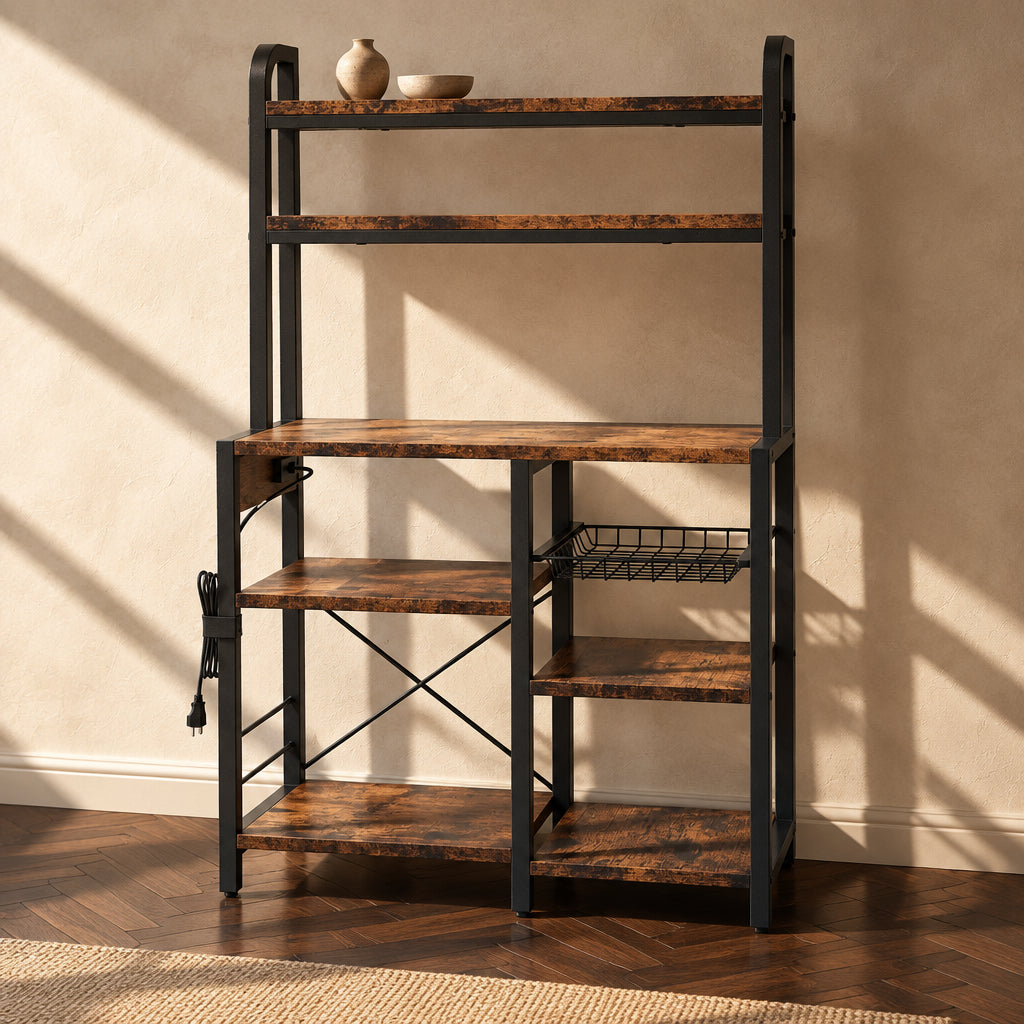 Kitchen Bakers Rack with Power Outlet, Wire Basket