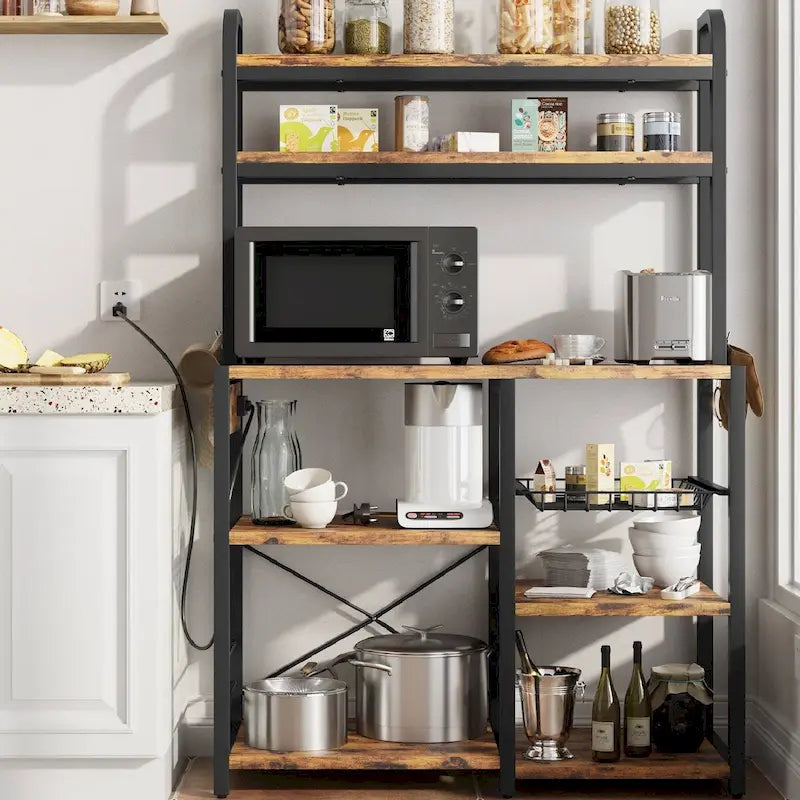 Kitchen Bakers Rack with Power Outlet, Wire Basket