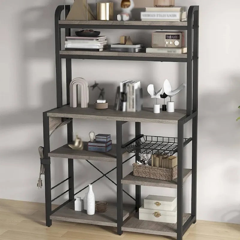 Kitchen Bakers Rack with Power Outlet, Wire Basket