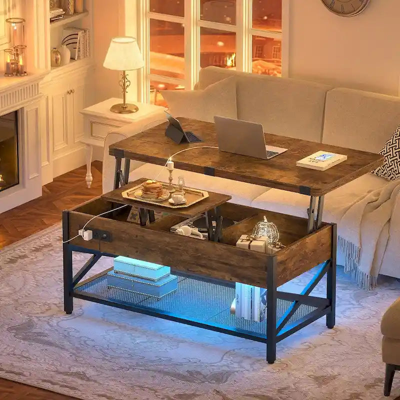 Expandable Lift Top Coffee Table Converts to Dining Table with LED Light and Power Outlet - 39 in. W X 41.73 in. L X 26.6 in. H