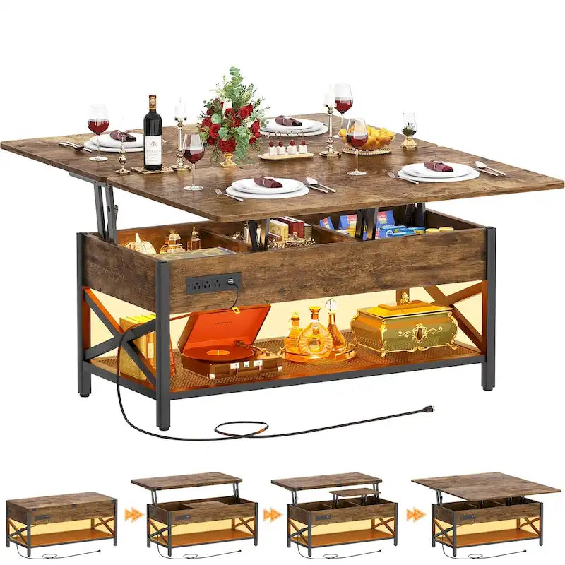 Expandable Lift Top Coffee Table Converts to Dining Table with LED Light and Power Outlet - 39 in. W X 41.73 in. L X 26.6 in. H