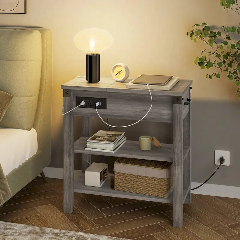 Narrow Side Table with Charging Station Drawer and Storage