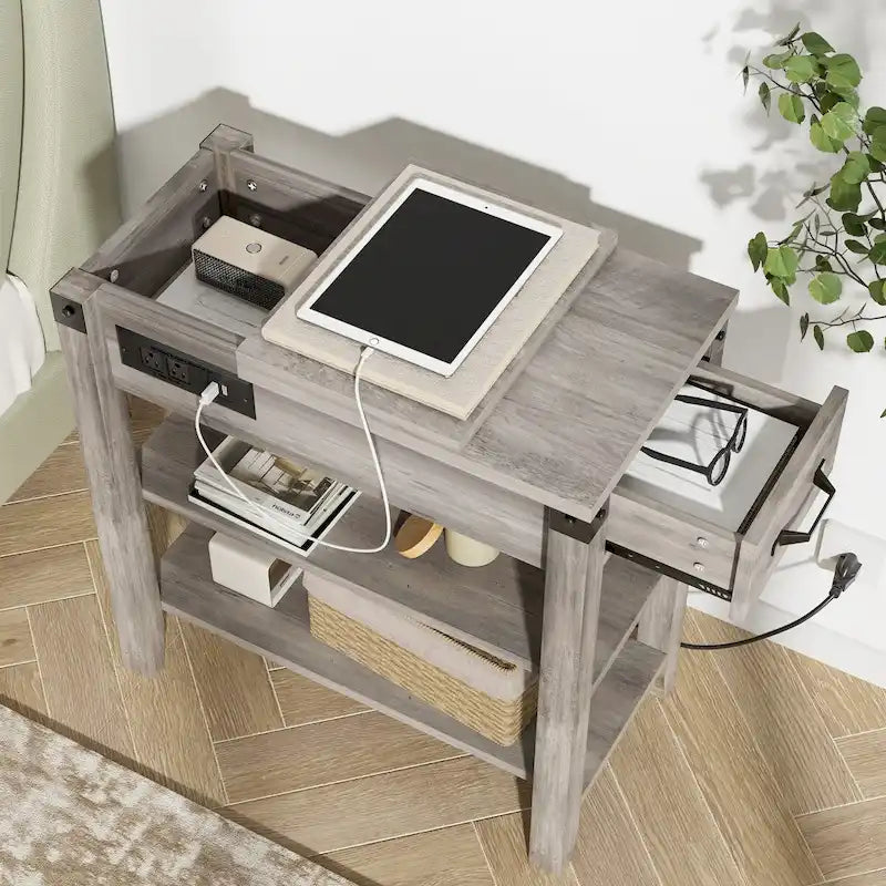 Narrow Side Table with Charging Station Drawer and Storage