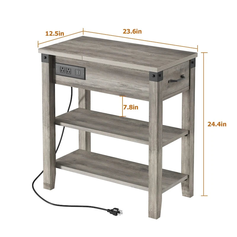 Narrow Side Table with Charging Station Drawer and Storage