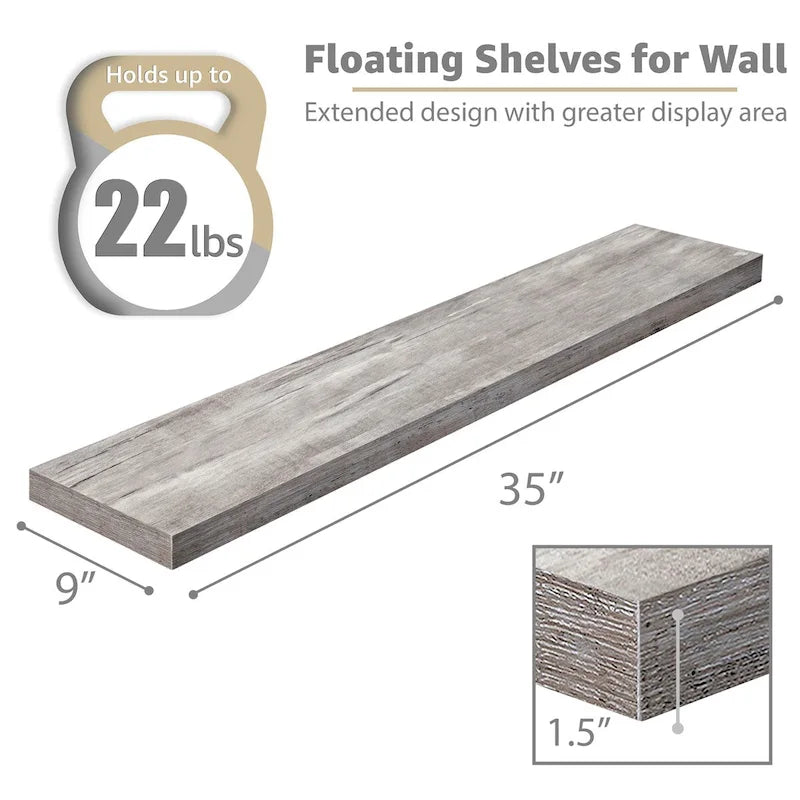 Long Floating Shelves for Wall Set of 2 - 35L x 9W x 1.5H