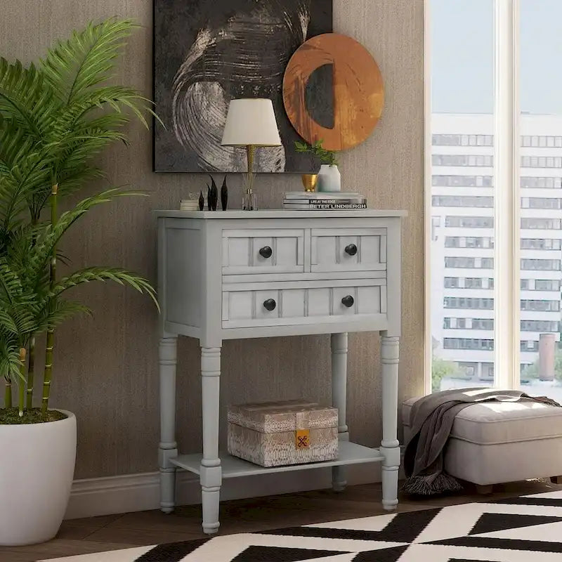 23.7 Solid Wood Console Table with 3 Drawers and Bottom Shelf