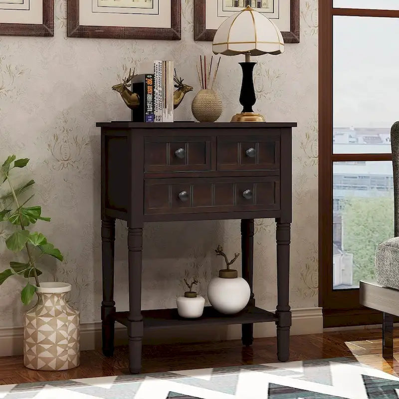 23.7 Solid Wood Console Table with 3 Drawers and Bottom Shelf