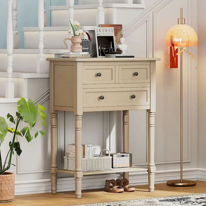 23.7 Solid Wood Console Table with 3 Drawers and Bottom Shelf