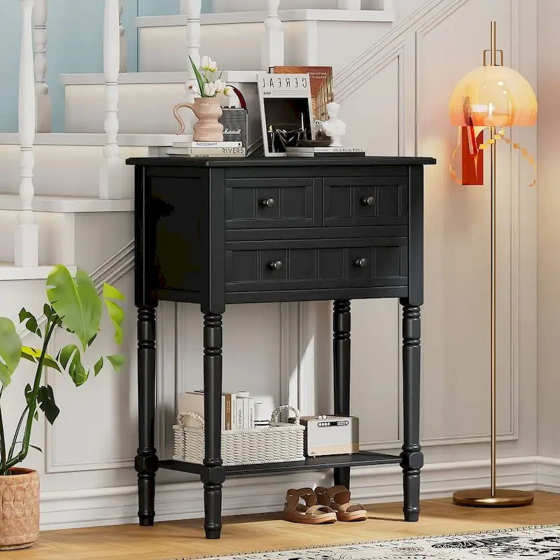 23.7 Solid Wood Console Table with 3 Drawers and Bottom Shelf