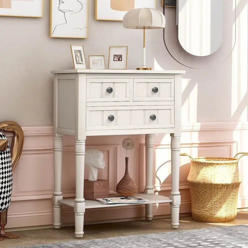 23.7 Solid Wood Console Table with 3 Drawers and Bottom Shelf