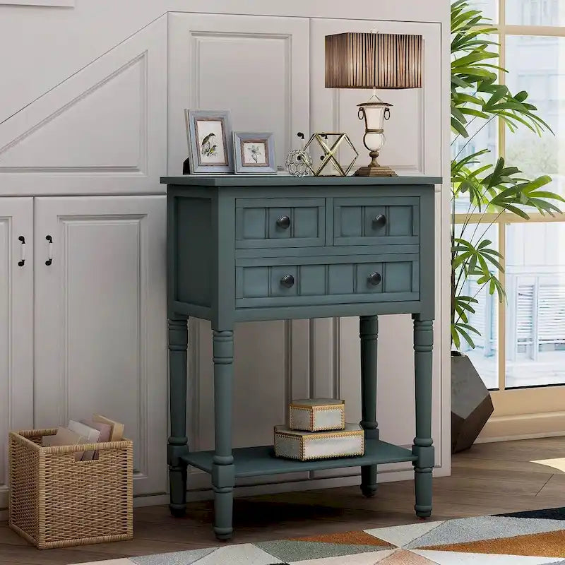 23.7 Solid Wood Console Table with 3 Drawers and Bottom Shelf