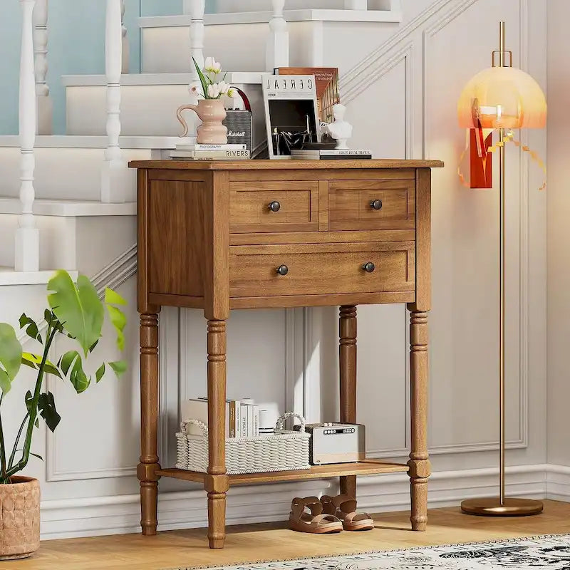 23.7 Solid Wood Console Table with 3 Drawers and Bottom Shelf