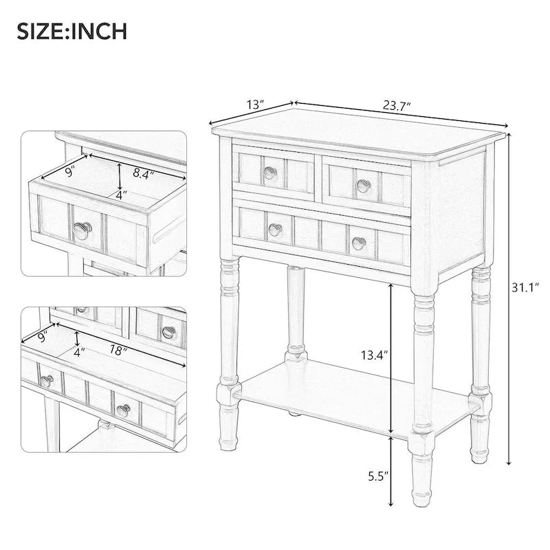 23.7 Solid Wood Console Table with 3 Drawers and Bottom Shelf