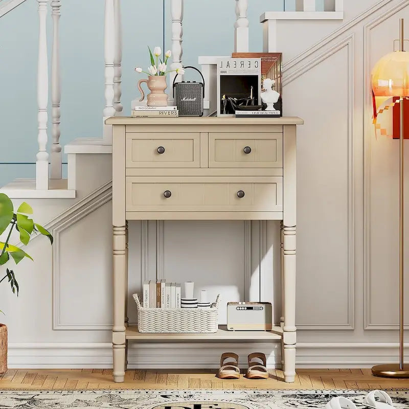 23.7 Solid Wood Console Table with 3 Drawers and Bottom Shelf