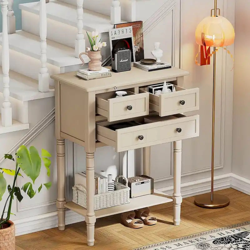 23.7 Solid Wood Console Table with 3 Drawers and Bottom Shelf