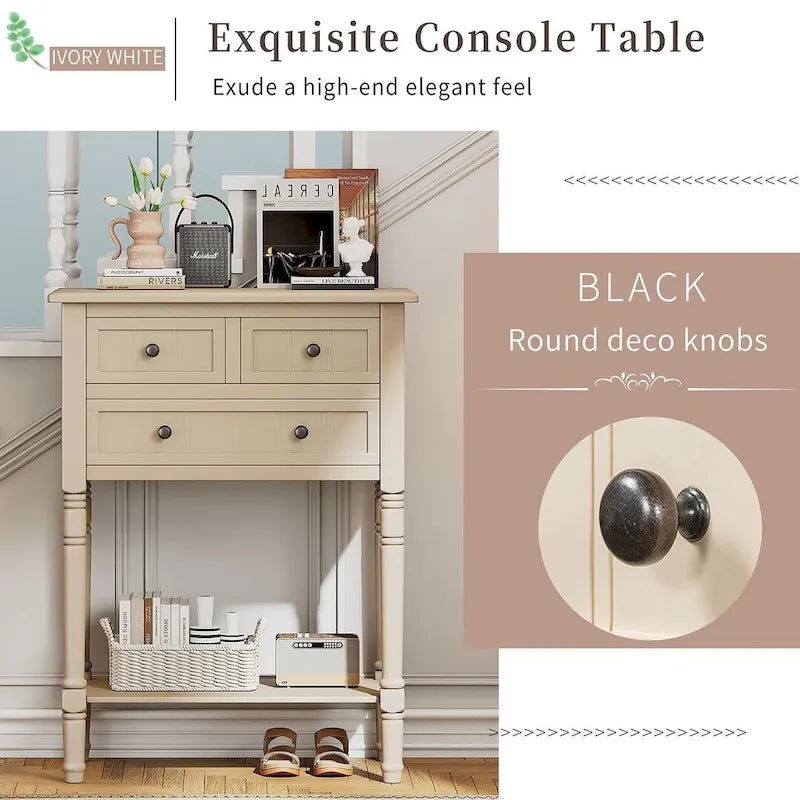 23.7 Solid Wood Console Table with 3 Drawers and Bottom Shelf