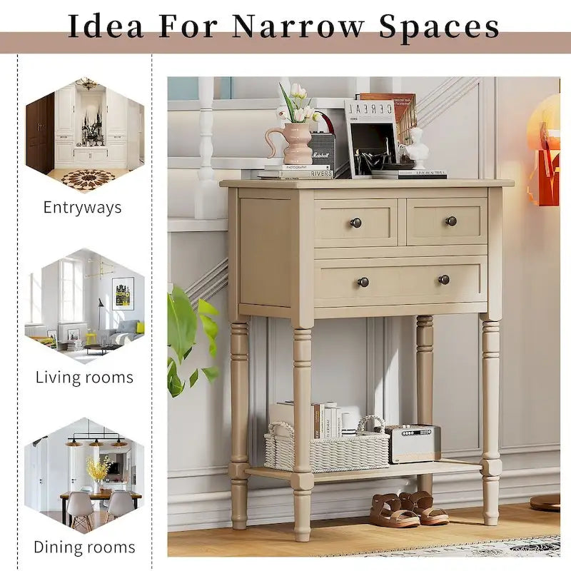 23.7 Solid Wood Console Table with 3 Drawers and Bottom Shelf