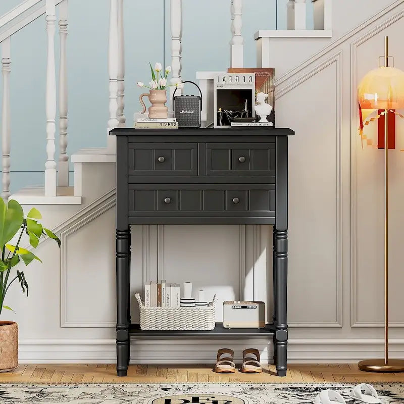 23.7 Solid Wood Console Table with 3 Drawers and Bottom Shelf