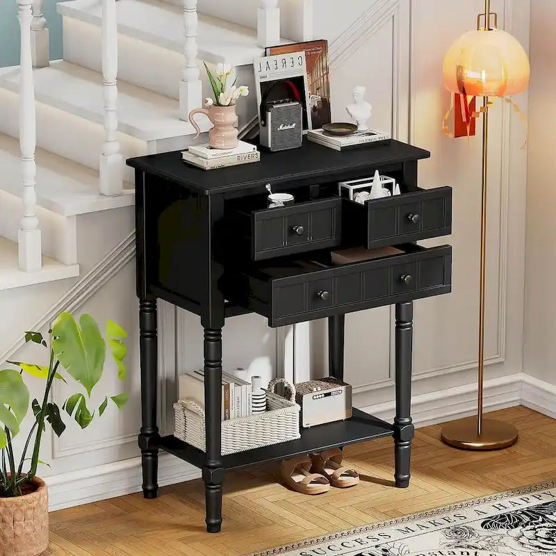 23.7 Solid Wood Console Table with 3 Drawers and Bottom Shelf